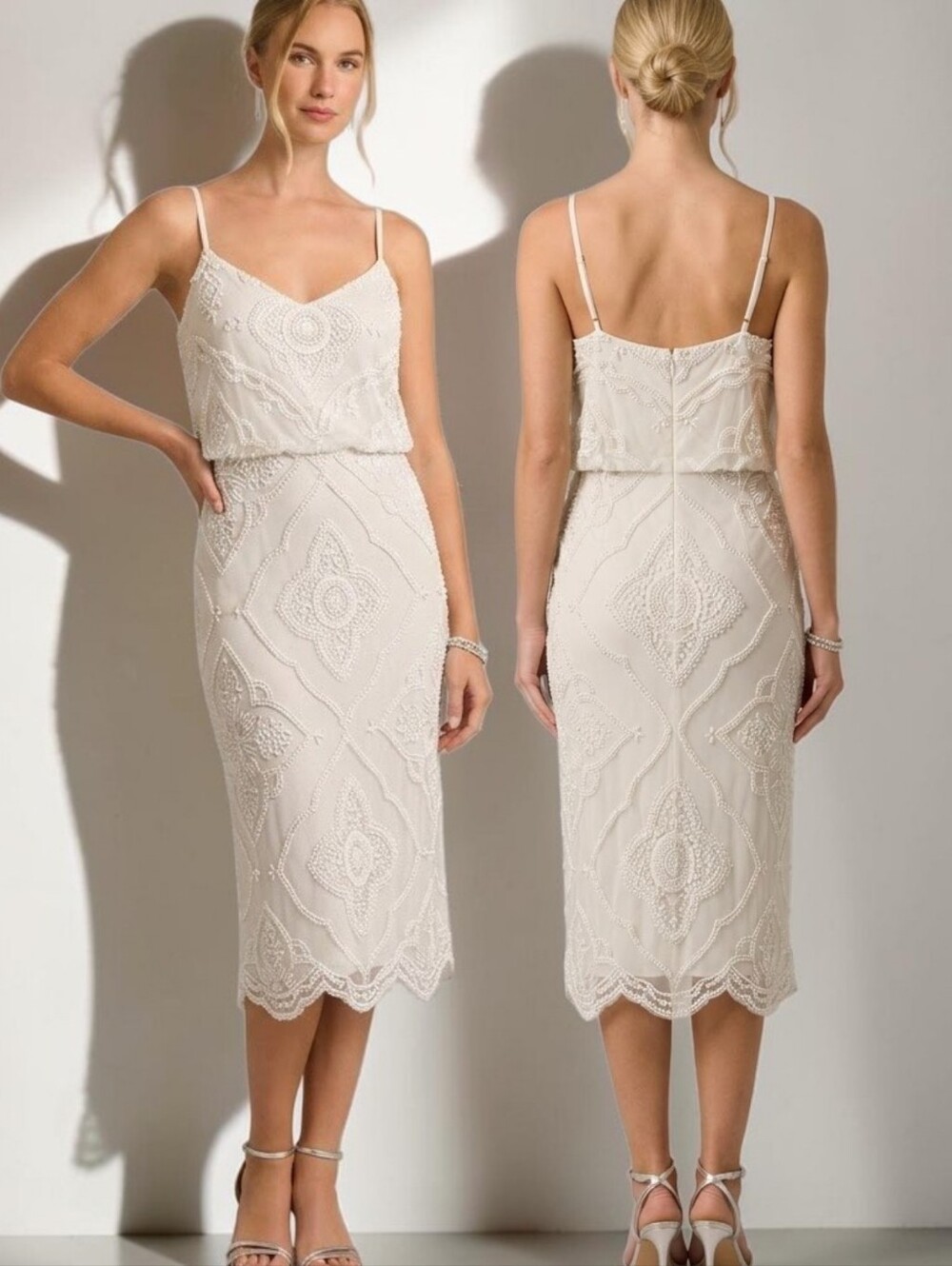 ADRIANNA PAPELL Ivory Beaded Blouson Forma Midil Dress - Size 8